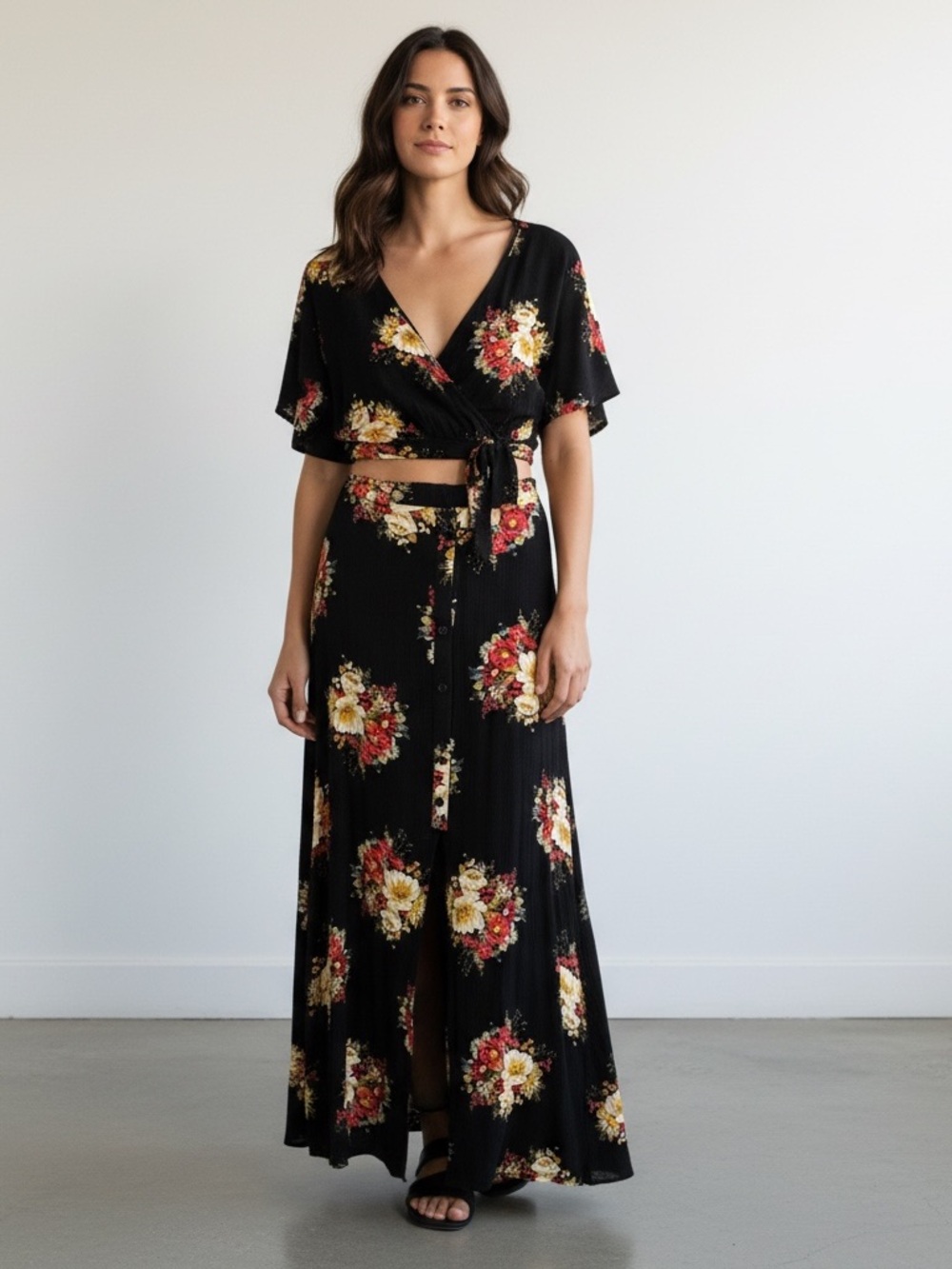 Timing Black Floral Wrap Maxi Dress with Red and Yellow Blooms